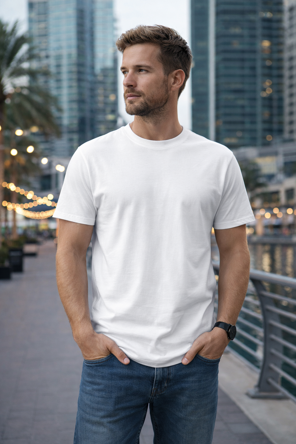 Man wearing a plain white t-shirt and blue jeans standing in an urban setting with tall buildings and palm trees.