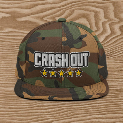 Green camo embroidered Crash Out snapback hat with adjustable closure